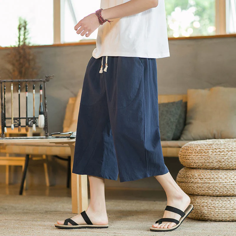 Pantaloni larghi da uomo in lino di media lunghezza con tasche e tinta unita Buddha Stones - Image 10