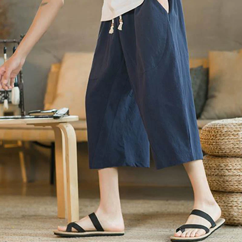 Pantaloni larghi da uomo in lino di media lunghezza con tasche e tinta unita Buddha Stones - Image 11