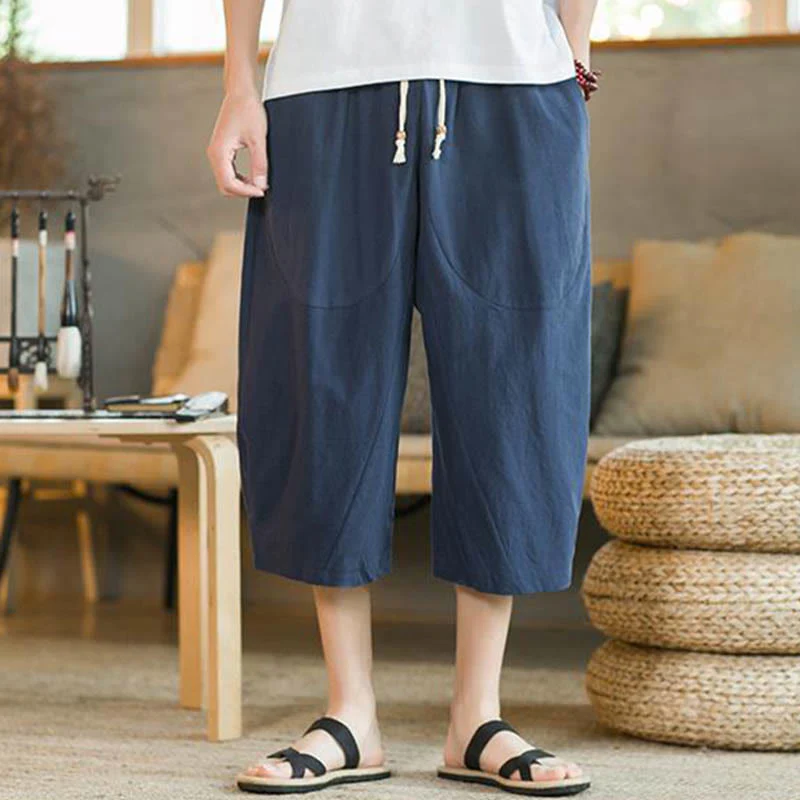 Pantaloni larghi da uomo in lino di media lunghezza con tasche e tinta unita Buddha Stones - Image 12
