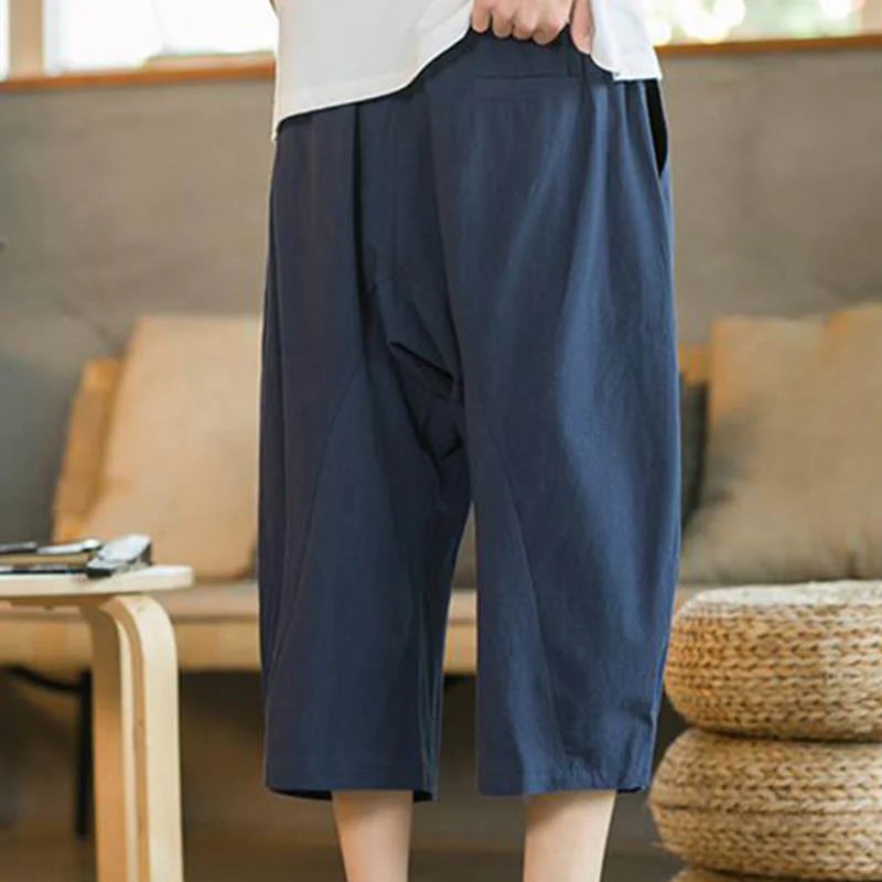 Pantaloni larghi da uomo in lino di media lunghezza con tasche e tinta unita Buddha Stones - Image 13