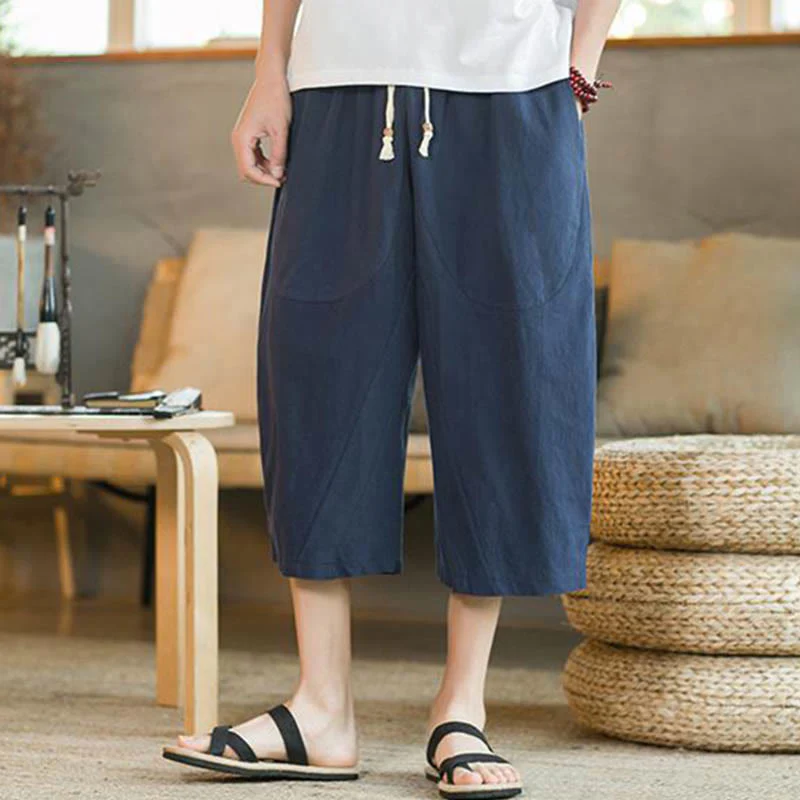 Pantaloni larghi da uomo in lino di media lunghezza con tasche e tinta unita Buddha Stones - Image 14