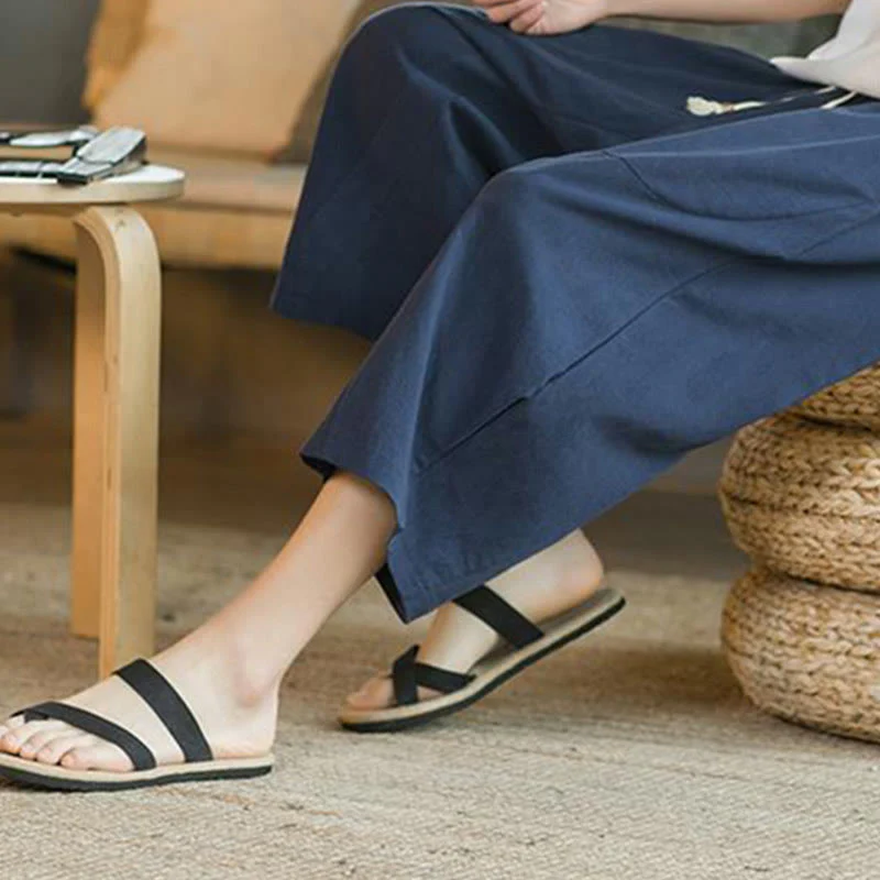 Pantaloni larghi da uomo in lino di media lunghezza con tasche e tinta unita Buddha Stones - Image 15