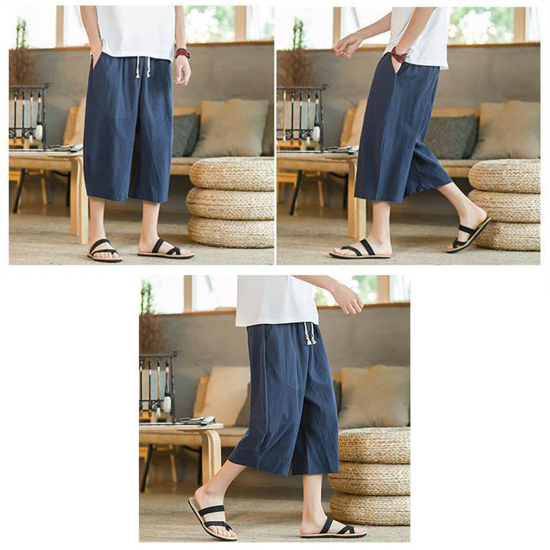 Pantaloni larghi da uomo in lino di media lunghezza con tasche e tinta unita Buddha Stones - Image 16