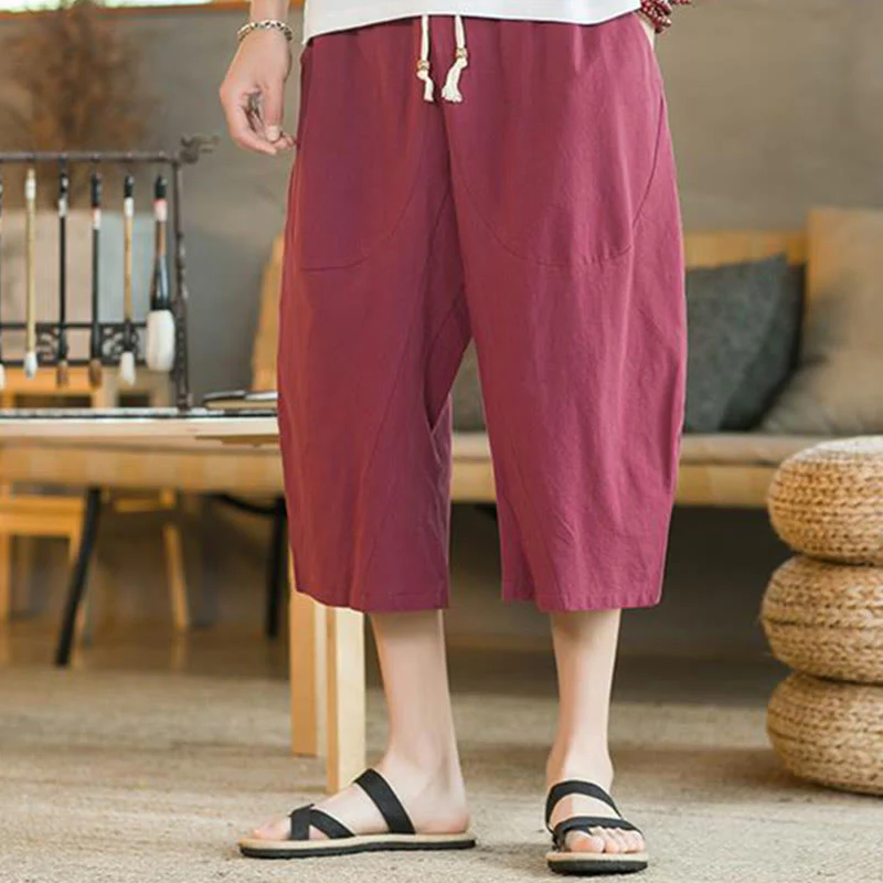 Pantaloni larghi da uomo in lino di media lunghezza con tasche e tinta unita Buddha Stones - Image 18