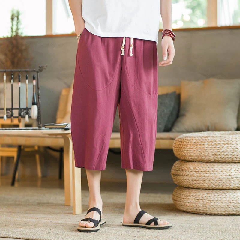 Pantaloni larghi da uomo in lino di media lunghezza con tasche e tinta unita Buddha Stones - Image 19