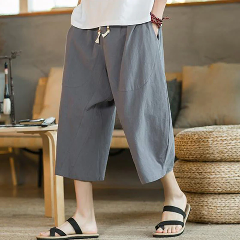Pantaloni larghi da uomo in lino di media lunghezza con tasche e tinta unita Buddha Stones - Image 26