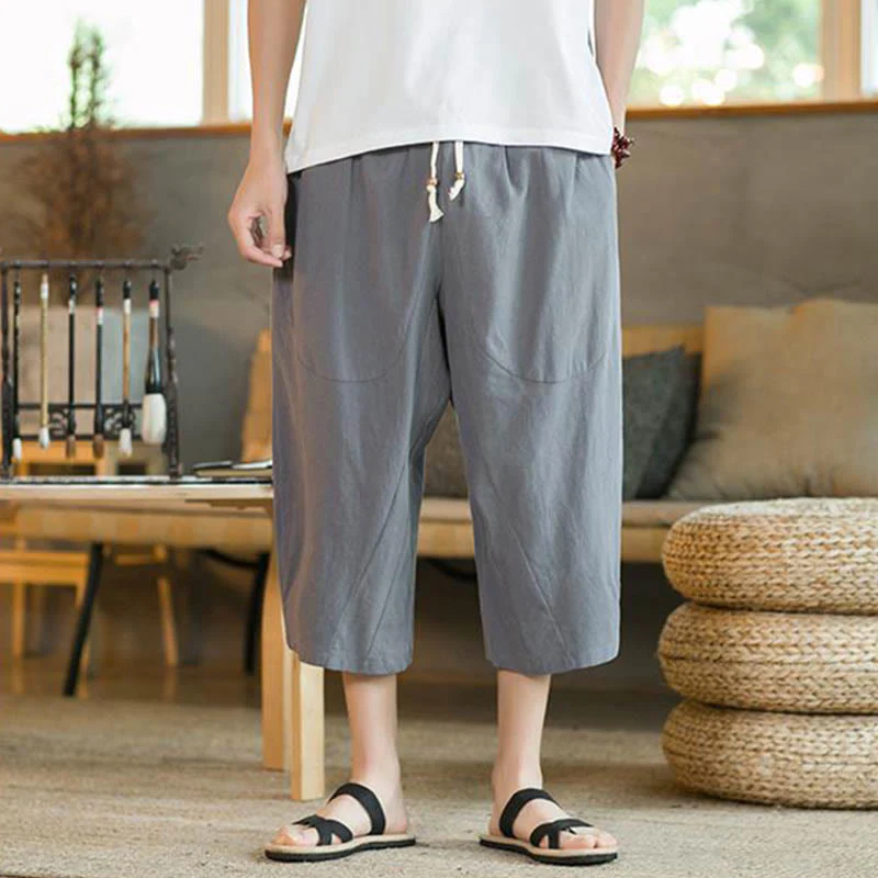 Pantaloni larghi da uomo in lino di media lunghezza con tasche e tinta unita Buddha Stones - Image 27