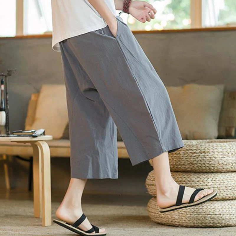 Pantaloni larghi da uomo in lino di media lunghezza con tasche e tinta unita Buddha Stones - Image 28