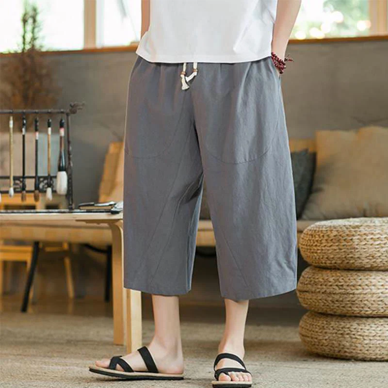 Pantaloni larghi da uomo in lino di media lunghezza con tasche e tinta unita Buddha Stones - Image 29