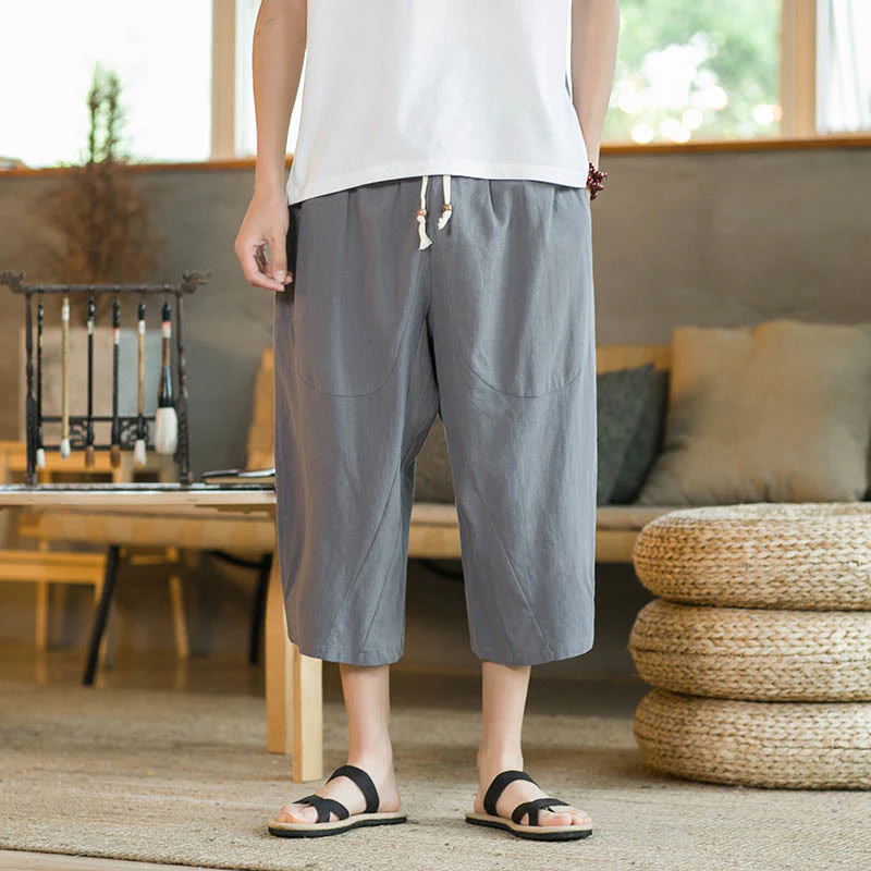 Pantaloni larghi da uomo in lino di media lunghezza con tasche e tinta unita Buddha Stones - Image 31