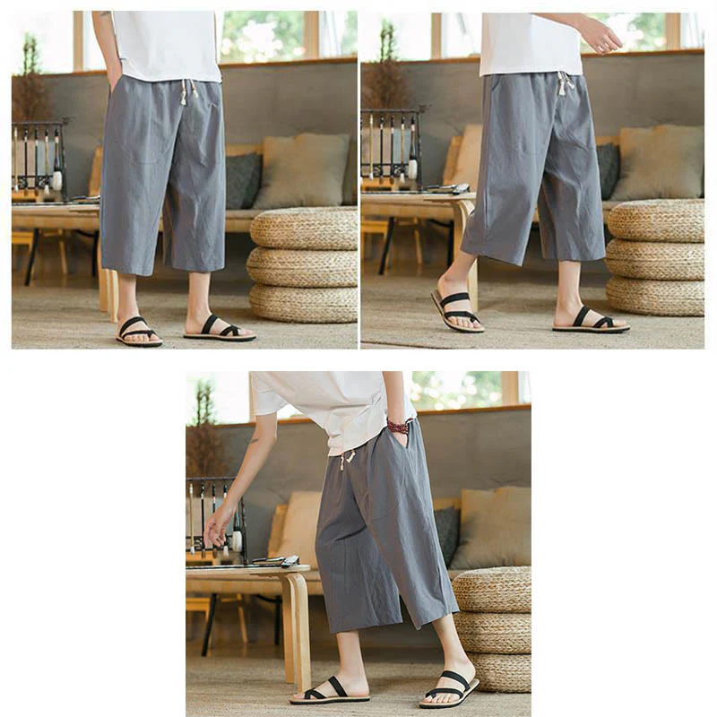 Pantaloni larghi da uomo in lino di media lunghezza con tasche e tinta unita Buddha Stones - Image 33
