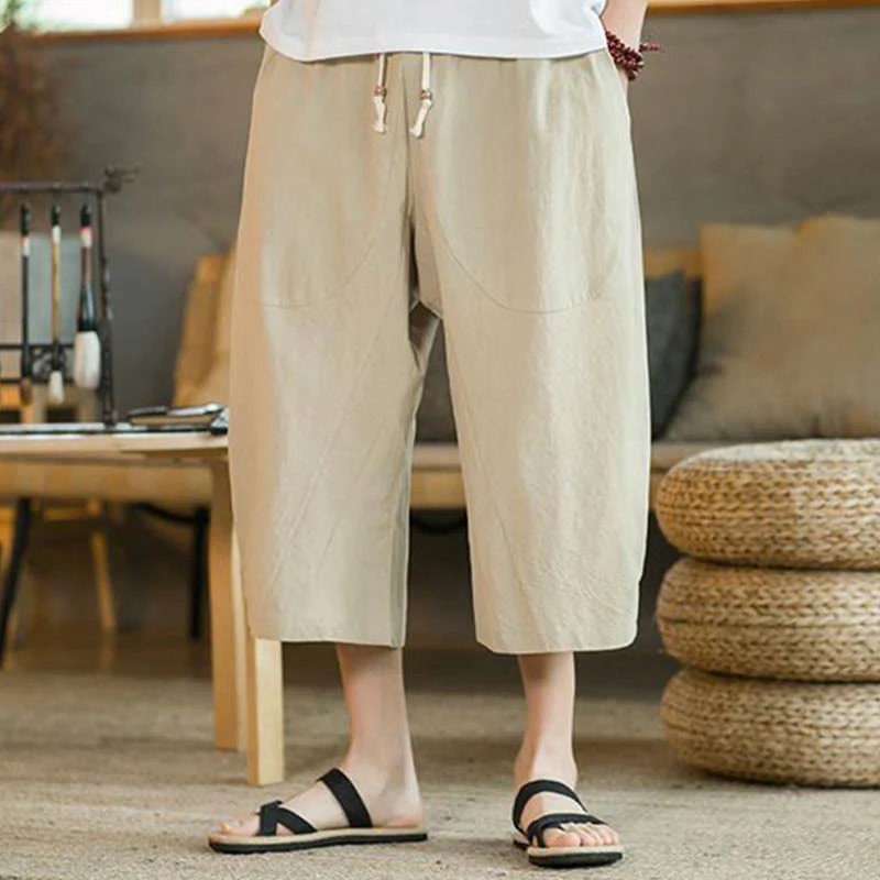 Pantaloni larghi da uomo in lino di media lunghezza con tasche e tinta unita Buddha Stones - Image 4