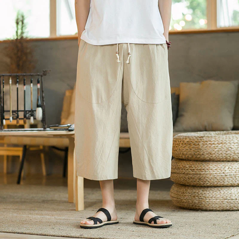 Pantaloni larghi da uomo in lino di media lunghezza con tasche e tinta unita Buddha Stones - Image 5