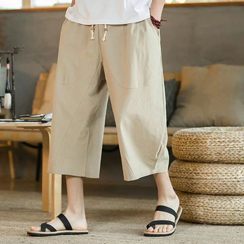 Pantaloni larghi da uomo in lino di media lunghezza con tasche e tinta unita Buddha Stones - Image 8