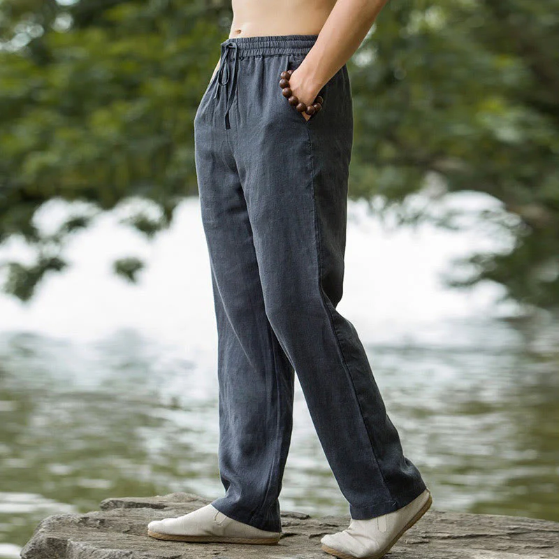 Pantaloni larghi da uomo in cotone tinta unita Buddha Stones con tasche - Image 13