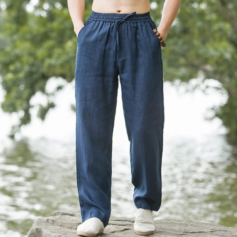 Pantaloni larghi da uomo in cotone tinta unita Buddha Stones con tasche - Image 6