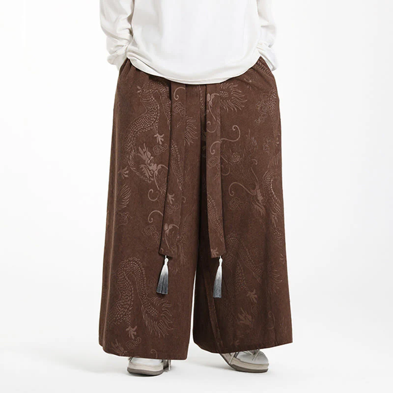 Pantaloni larghi da uomo in velluto a coste con coulisse, motivo Buddha Stones Dragon Jacquard e tasche - Image 4