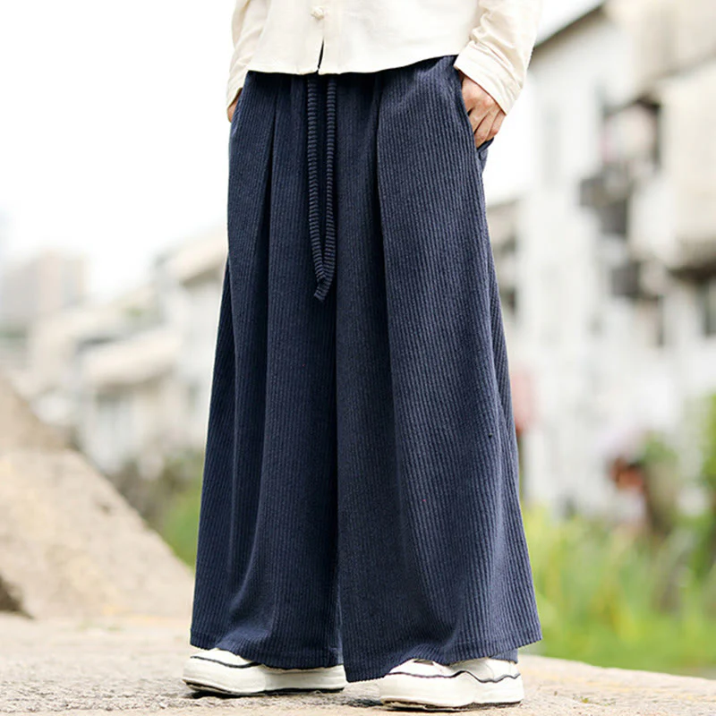 Pantaloni larghi da uomo in velluto a coste con tasche e coulisse, modello Buddha Stones Fall, tinta unita - Image 3