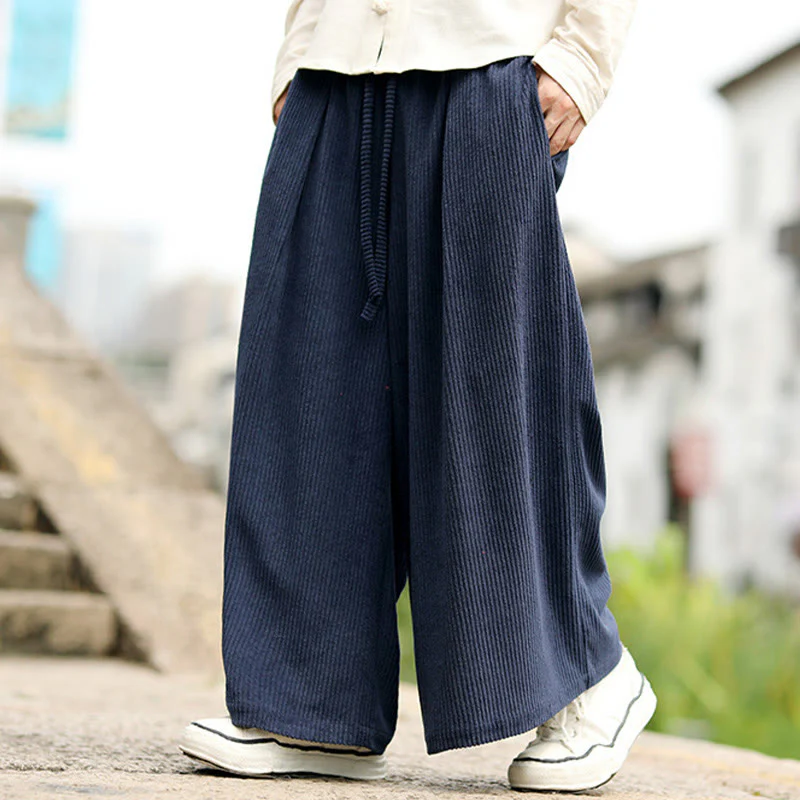 Pantaloni larghi da uomo in velluto a coste con tasche e coulisse, modello Buddha Stones Fall, tinta unita - Image 4