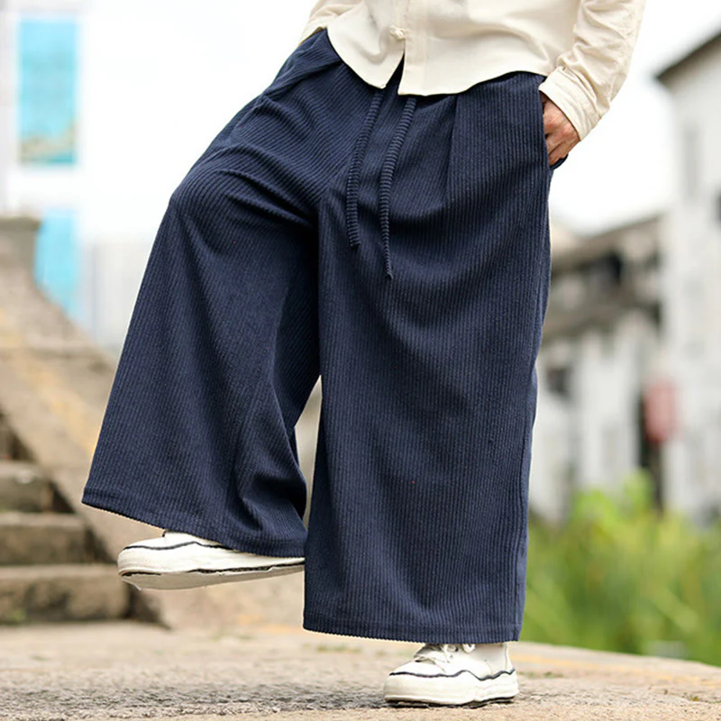 Pantaloni larghi da uomo in velluto a coste con tasche e coulisse, modello Buddha Stones Fall, tinta unita - Image 6