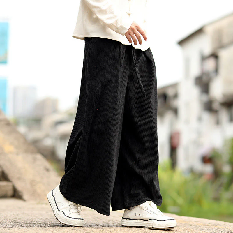 Pantaloni larghi da uomo in velluto a coste con tasche e coulisse, modello Buddha Stones Fall, tinta unita - Image 7