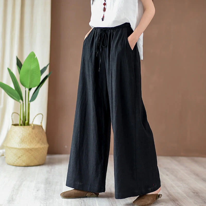 Pantaloni larghi in cotone e lino con coulisse e tasche Buddha Stones - Image 10