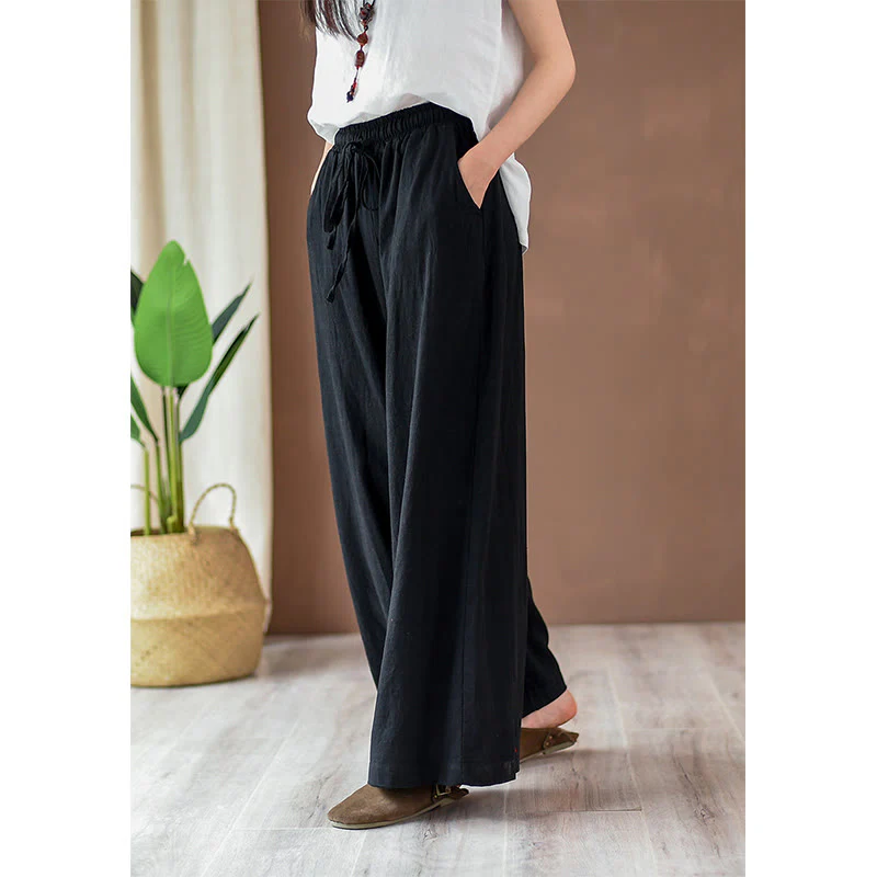 Pantaloni larghi in cotone e lino con coulisse e tasche Buddha Stones - Image 13