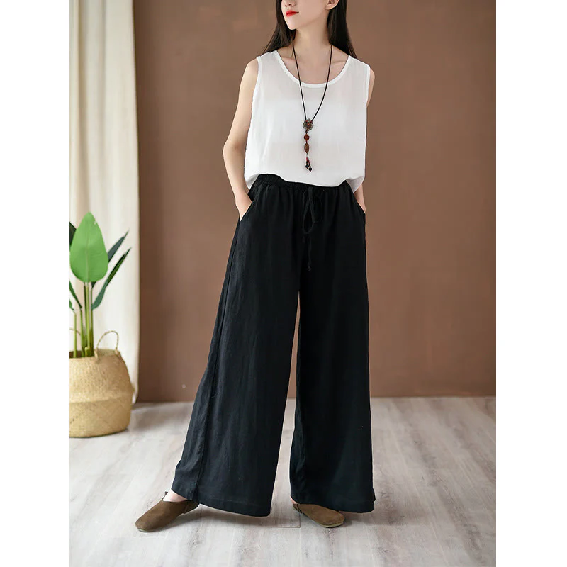 Pantaloni larghi in cotone e lino con coulisse e tasche Buddha Stones - Image 14