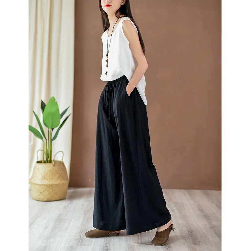 Pantaloni larghi in cotone e lino con coulisse e tasche Buddha Stones - Image 15