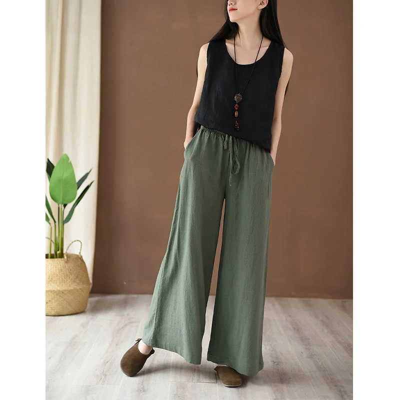Pantaloni larghi in cotone e lino con coulisse e tasche Buddha Stones - Image 21