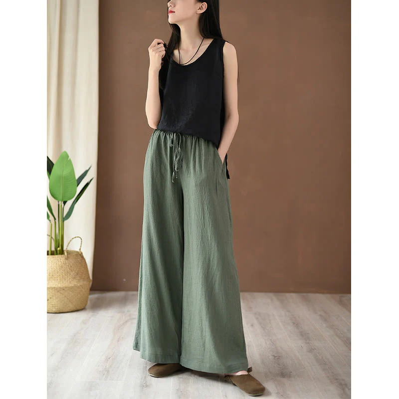 Pantaloni larghi in cotone e lino con coulisse e tasche Buddha Stones - Image 22