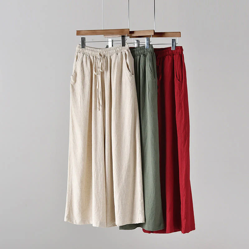 Pantaloni larghi in cotone e lino con coulisse e tasche Buddha Stones - Image 27
