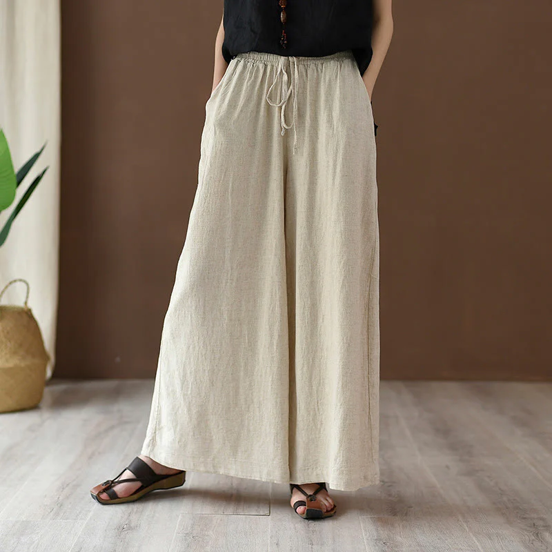 Pantaloni larghi in cotone e lino con coulisse e tasche Buddha Stones - Image 3