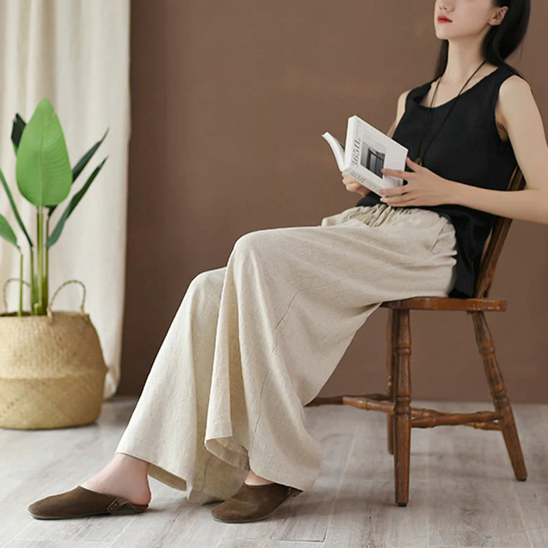 Pantaloni larghi in cotone e lino con coulisse e tasche Buddha Stones - Image 4