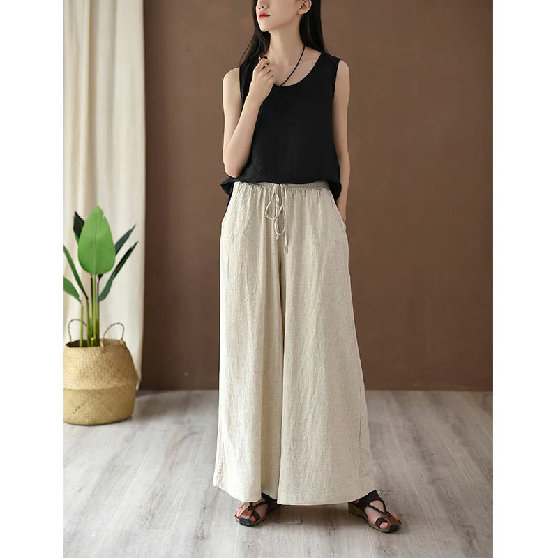 Pantaloni larghi in cotone e lino con coulisse e tasche Buddha Stones - Image 5