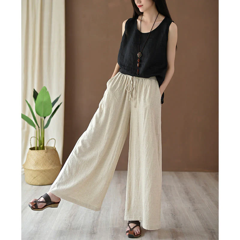 Pantaloni larghi in cotone e lino con coulisse e tasche Buddha Stones - Image 7