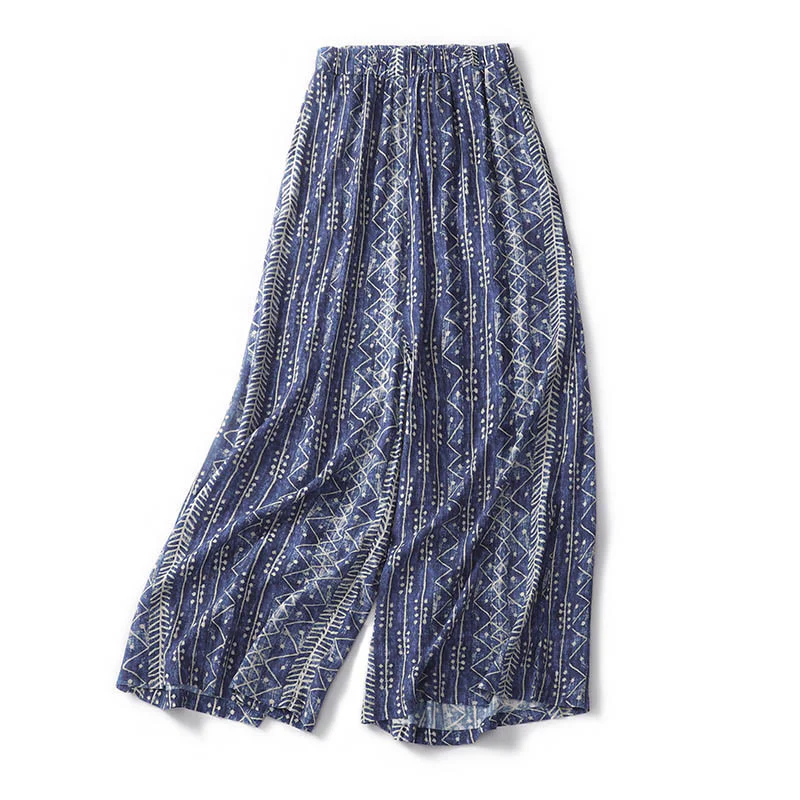 Pantaloni larghi in cotone e lino con stampa a righe blu Buddha Stones e tasche - Image 3