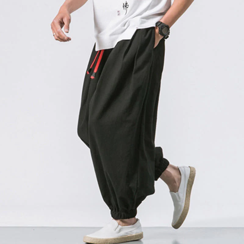 Pantaloni sportivi casual da uomo Buddha Stones in cotone tinta unita con coulisse e tasche - Image 4