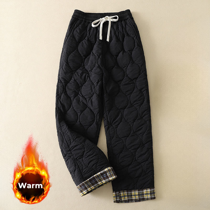 Pantaloni termici da donna in cotone patchwork scozzese con tasche, con elastico in vita e coulisse, Buddha Stones Winter Curved Lines