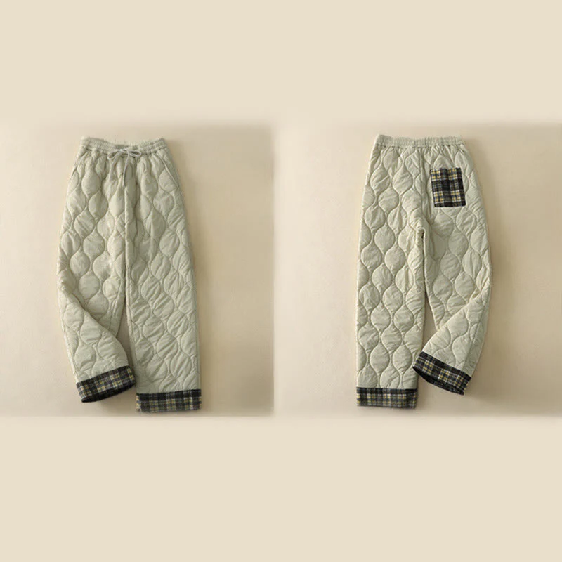 Pantaloni termici da donna in cotone patchwork scozzese con tasche, con elastico in vita e coulisse, Buddha Stones Winter Curved Lines - Image 15