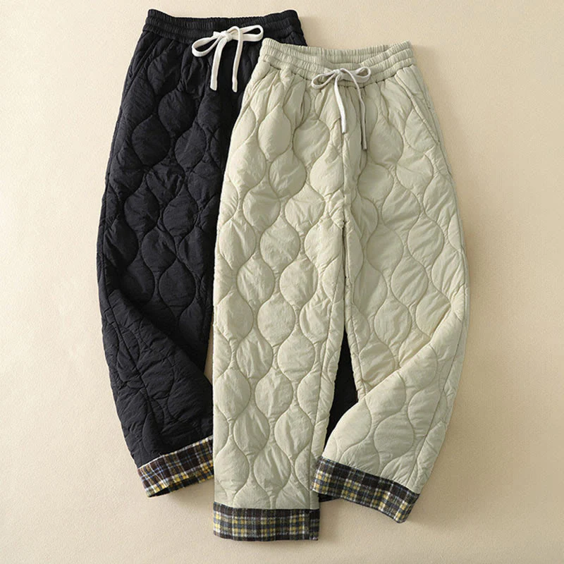 Pantaloni termici da donna in cotone patchwork scozzese con tasche, con elastico in vita e coulisse, Buddha Stones Winter Curved Lines - Image 16