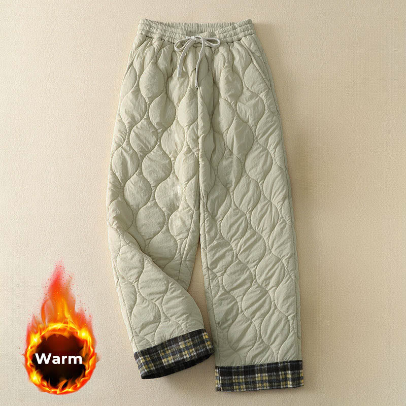 Pantaloni termici da donna in cotone patchwork scozzese con tasche, con elastico in vita e coulisse, Buddha Stones Winter Curved Lines - Image 6