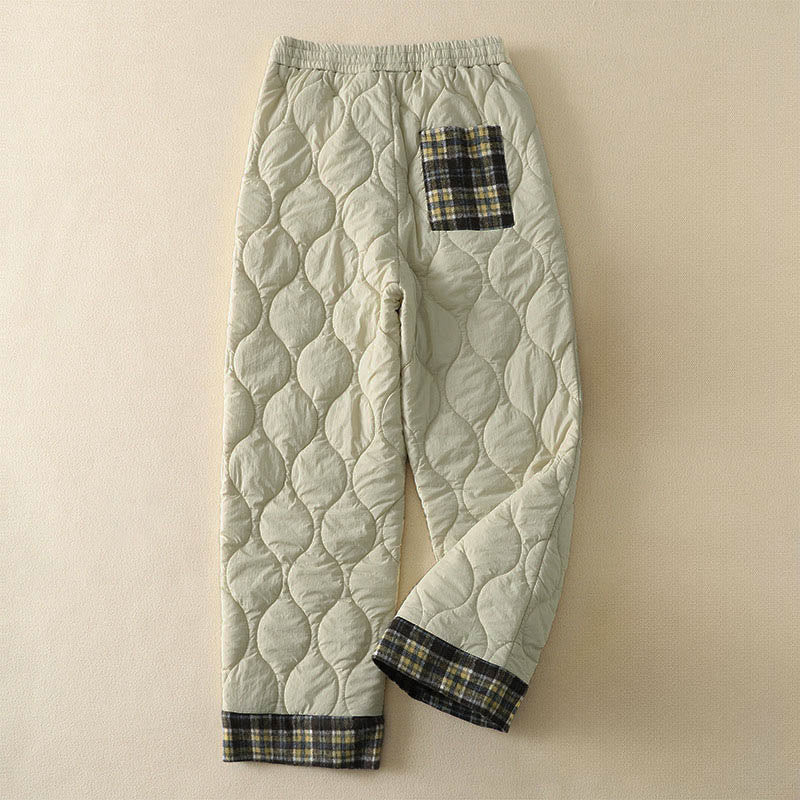 Pantaloni termici da donna in cotone patchwork scozzese con tasche, con elastico in vita e coulisse, Buddha Stones Winter Curved Lines - Image 7