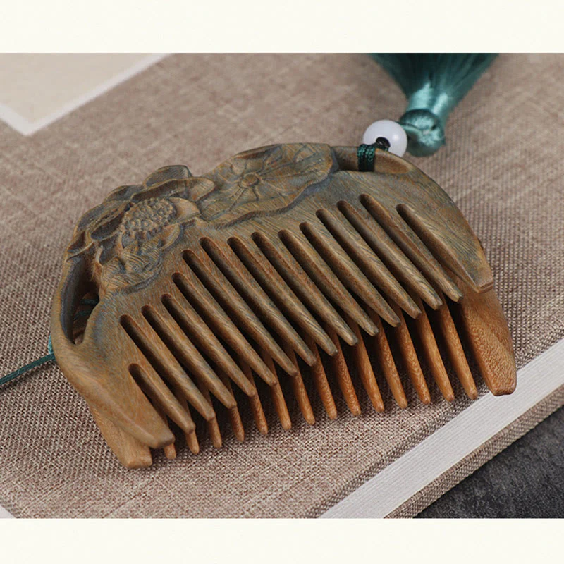 Pettine con nappa di cura inciso a forma di fiore di peonia volpe sandalo verde - Image 14