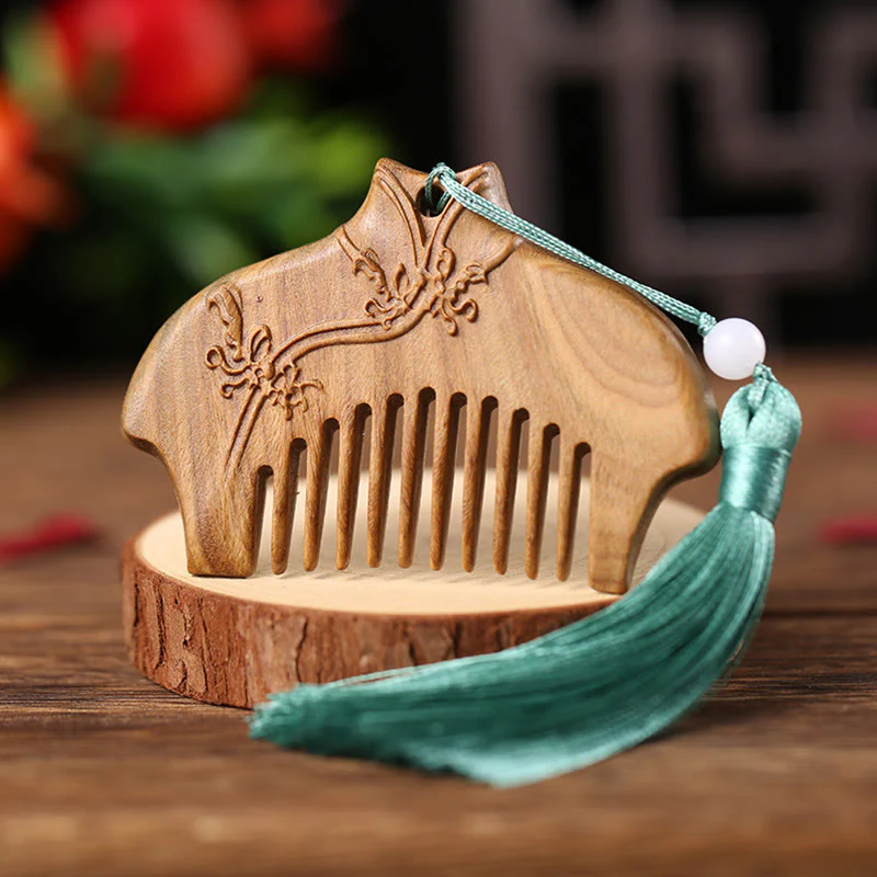 Pettine con nappa di cura inciso a forma di fiore di peonia volpe sandalo verde - Image 16