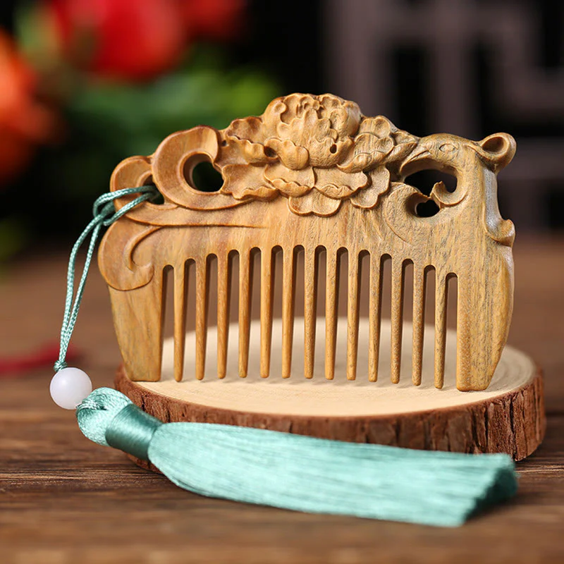 Pettine con nappa di cura inciso a forma di fiore di peonia volpe sandalo verde - Image 18