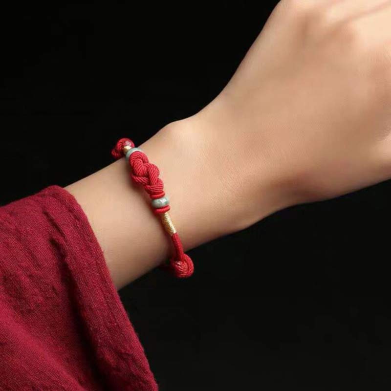 Porta buona fortuna braccialetto di coppia intrecciato con nodo di giada rossa - Image 2
