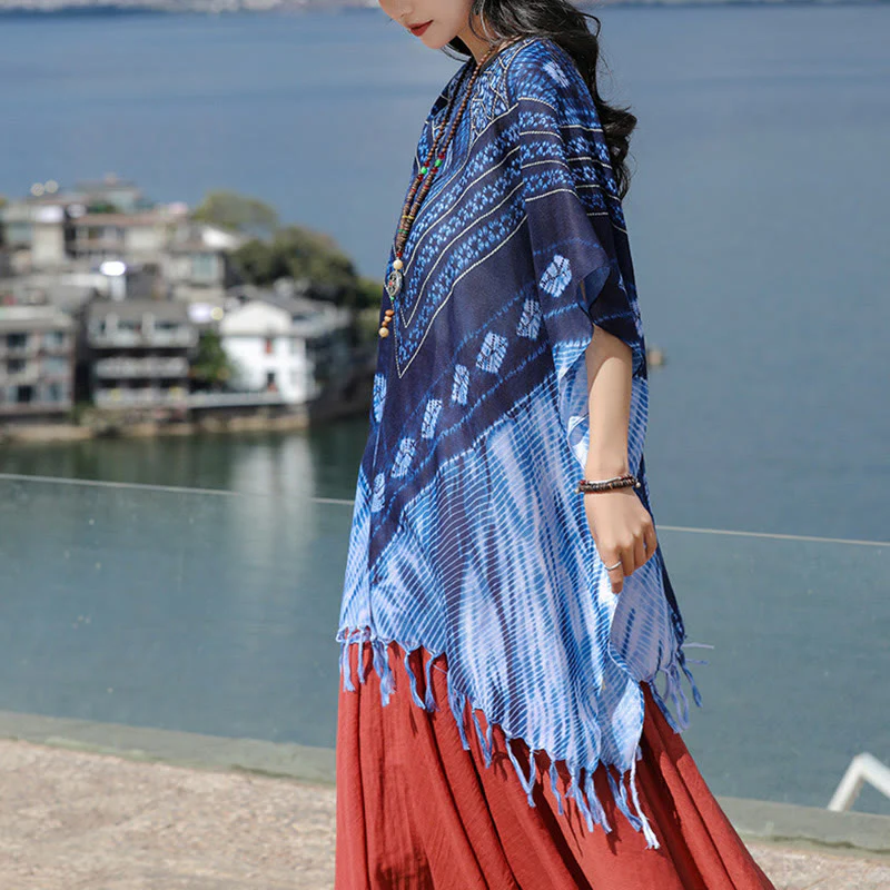 Scialle batik a strisce triangolari blu Buddha Stones , morbido pullover 90*95cm - Image 3