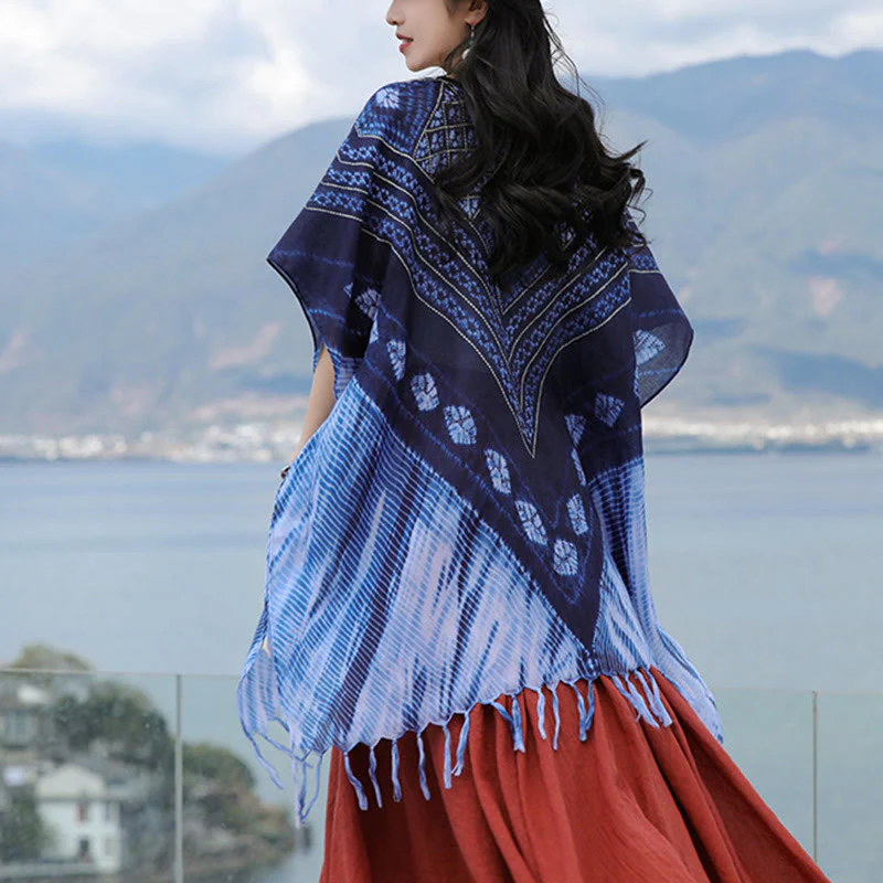 Scialle batik a strisce triangolari blu Buddha Stones , morbido pullover 90*95cm - Image 4