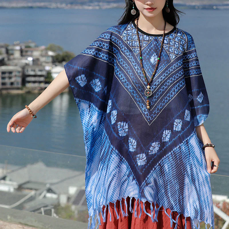 Scialle batik a strisce triangolari blu Buddha Stones , morbido pullover 90*95cm - Image 5
